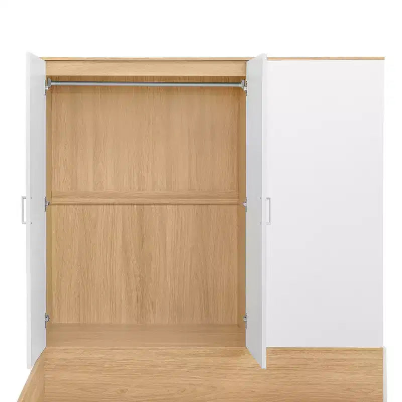 Cadre de lit plateforme avec 6 tiroirs, étagères, bureau, ports USB et armoire