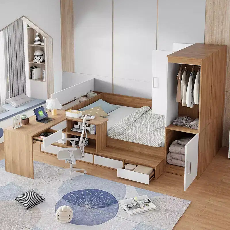 Full Size Platform Bed Frame with 6 Drawers Shelves Desk USB Ports & Wardrobe - ModernLuxe