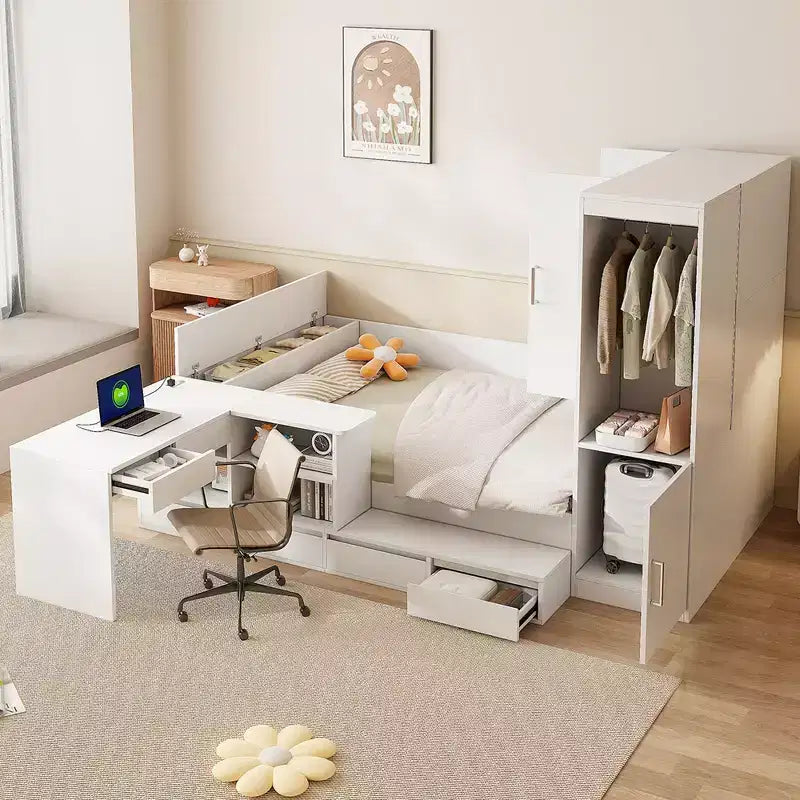 Cadre de lit plateforme avec 6 tiroirs, étagères, bureau, ports USB et armoire