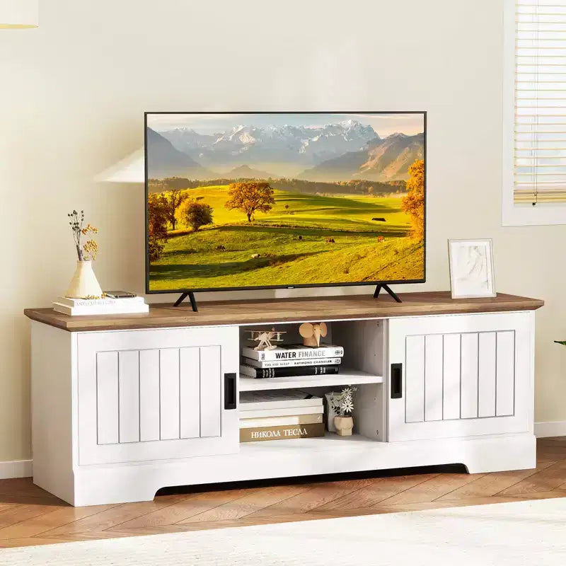 Meuble TV de ferme avec portes coulissantes et placards de rangement