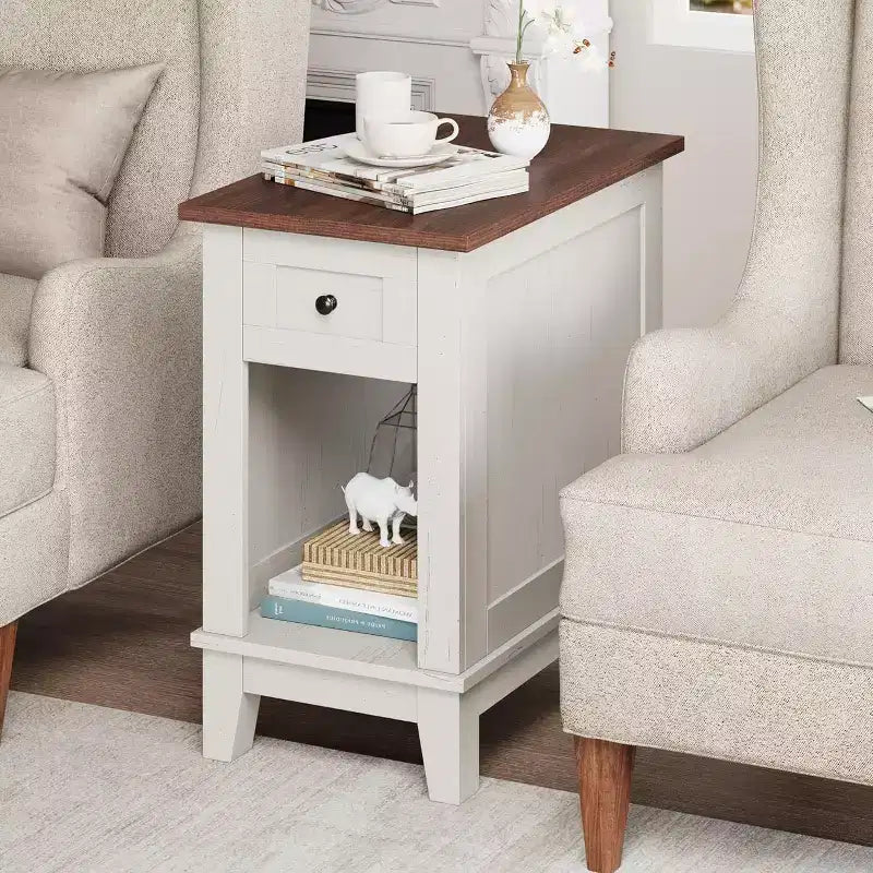 Acekool Farmhouse End Table with Charging Station and Storage Drawer White and Brown Accent Table for Living Room and Bedroom