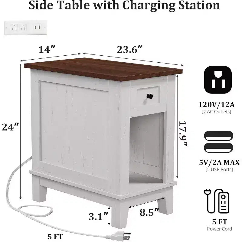 Table d'appoint de ferme avec station de recharge et tiroir de rangement, blanc et marron
