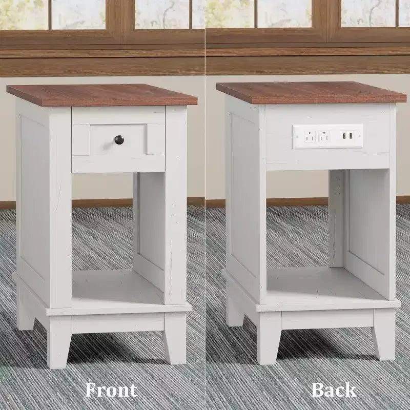 Table d'appoint de ferme avec station de recharge et tiroir de rangement, blanc et marron