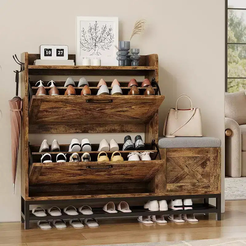 Acekool Shoe Cabinet with Bench Flip Drawer Entryway Shoe Storage Organizer Hidden Compartment & Hooks