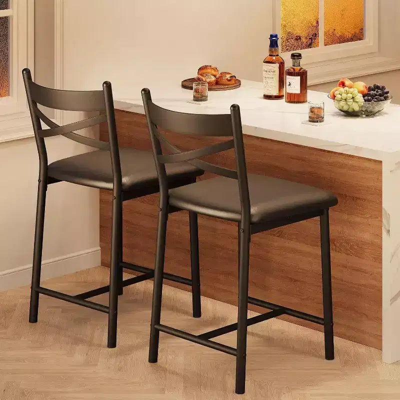 Counter Height Bar Stools PU Leather Upholstered Seat Bar Chairs with X-Back Design & Footrest Metal Frame Stools