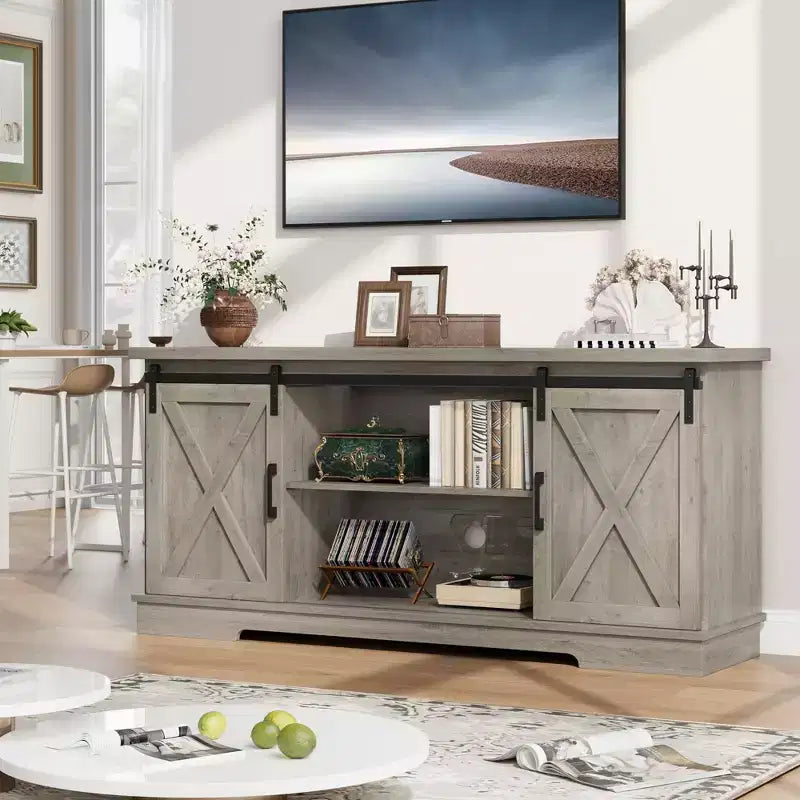 Farmhouse TV Stand for 65 Inch TV Entertainment Center TV Media Console Table White TV Stand with Barn Doors Storage and Shelves