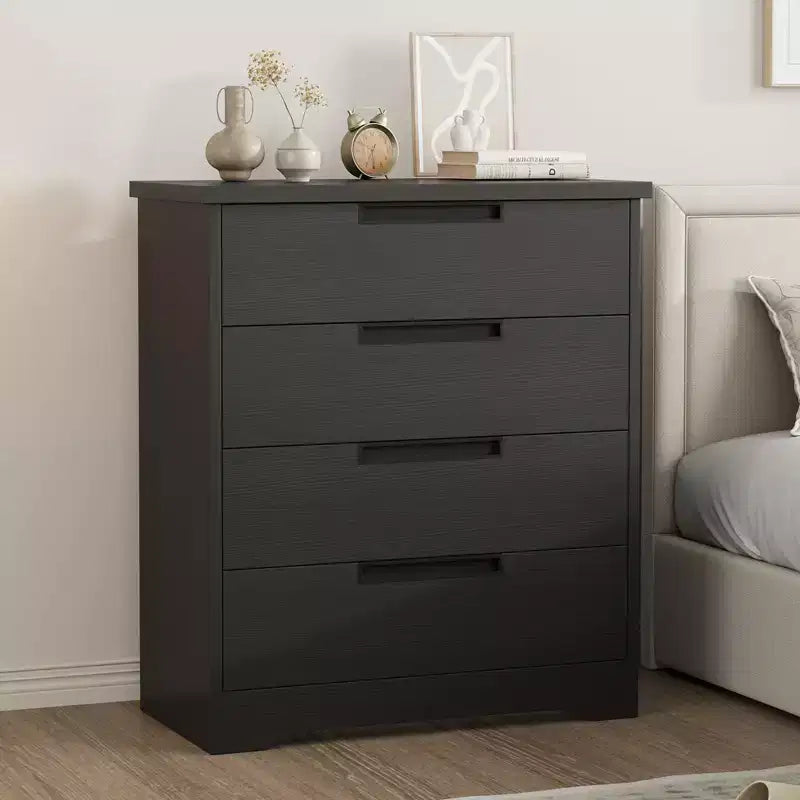 TROPOW 4 Drawer Dresser for Bedroom Black Chest of Drawers with Embedded Handles Design Wooden Dresser Organizer for Living Room Black