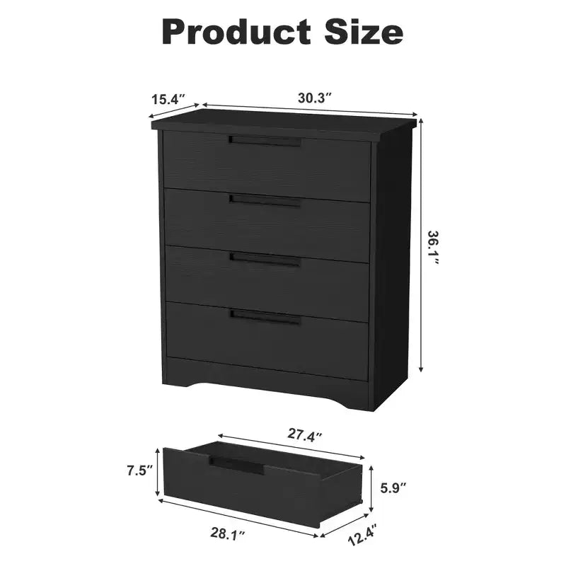 Commode de chambre à 4 tiroirs noire avec poignées encastrées