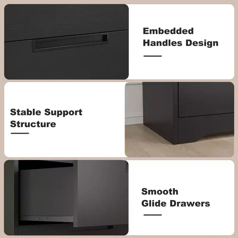 Commode de chambre à 4 tiroirs noire avec poignées encastrées