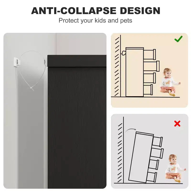 Commode de chambre à 4 tiroirs noire avec poignées encastrées