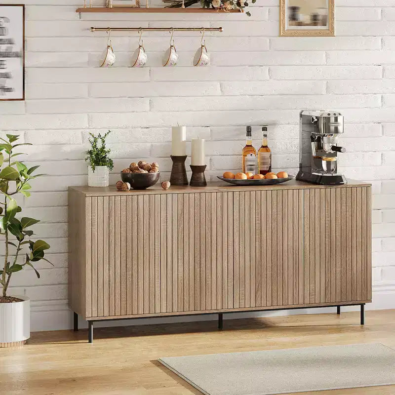 63 Modern Fluted Sideboard Buffet Cabinet with 4 Fluted Doors & Metal Legs & Adjustable Shelves Kitchen Sideboard Accent Cabinet Console Table