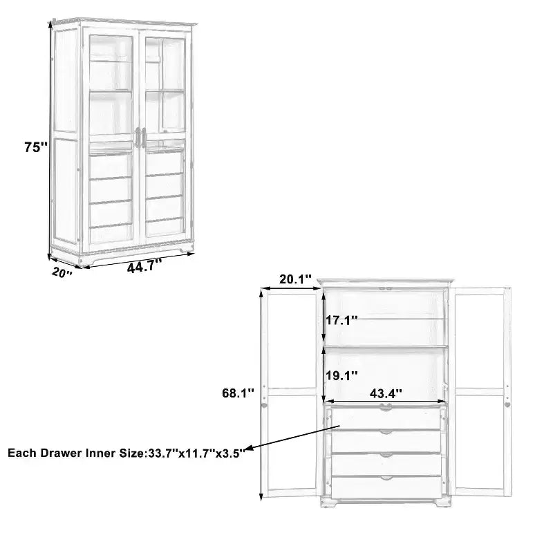 Meuble de cuisine moderne avec 2 portes vitrées, 4 tiroirs intégrés et une étagère.