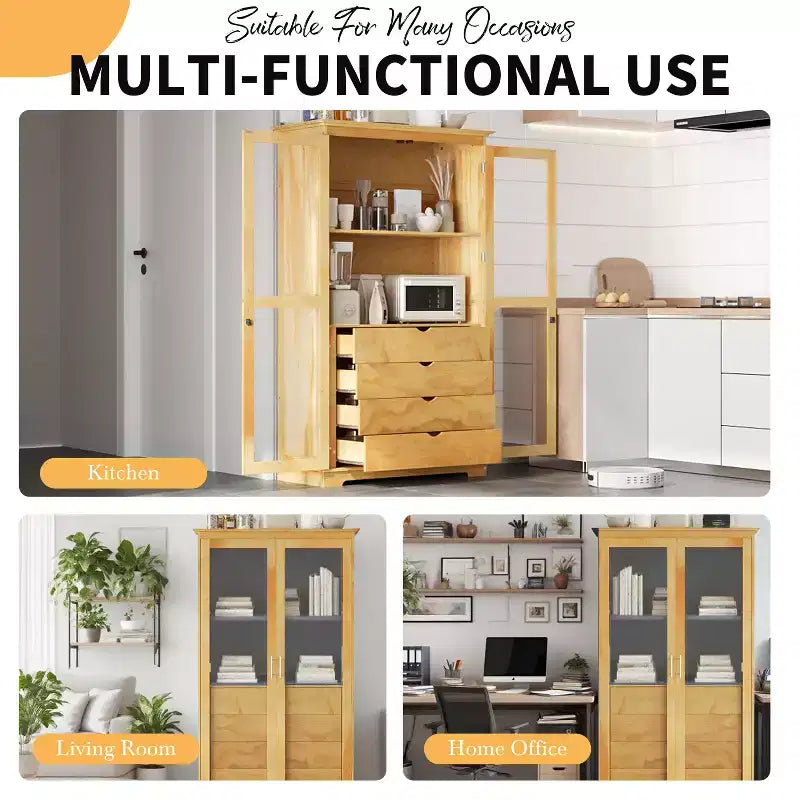 Meuble de cuisine moderne avec 2 portes vitrées, 4 tiroirs intégrés et une étagère.