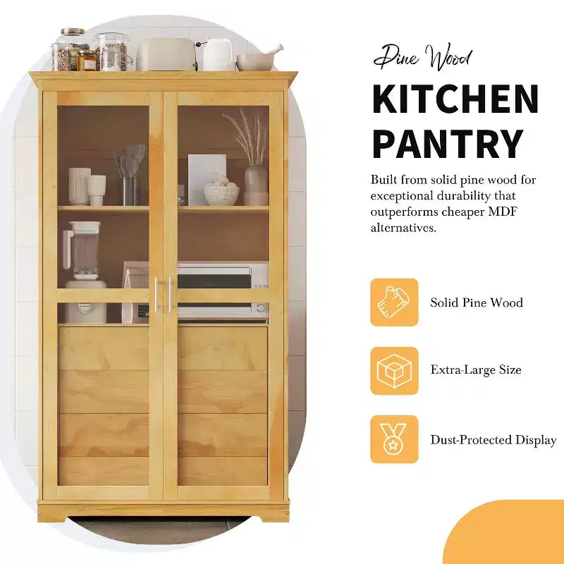 Meuble de cuisine moderne avec 2 portes vitrées, 4 tiroirs intégrés et une étagère.