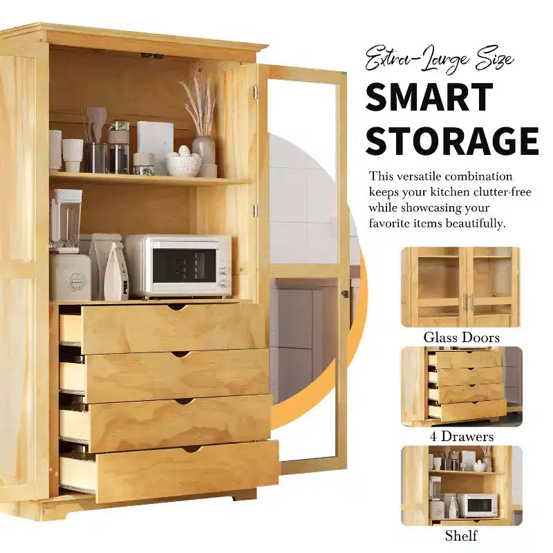 Meuble de cuisine moderne avec 2 portes vitrées, 4 tiroirs intégrés et une étagère.