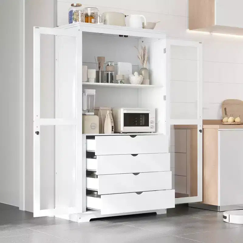 Meuble de cuisine moderne avec 2 portes vitrées, 4 tiroirs intégrés et une étagère.