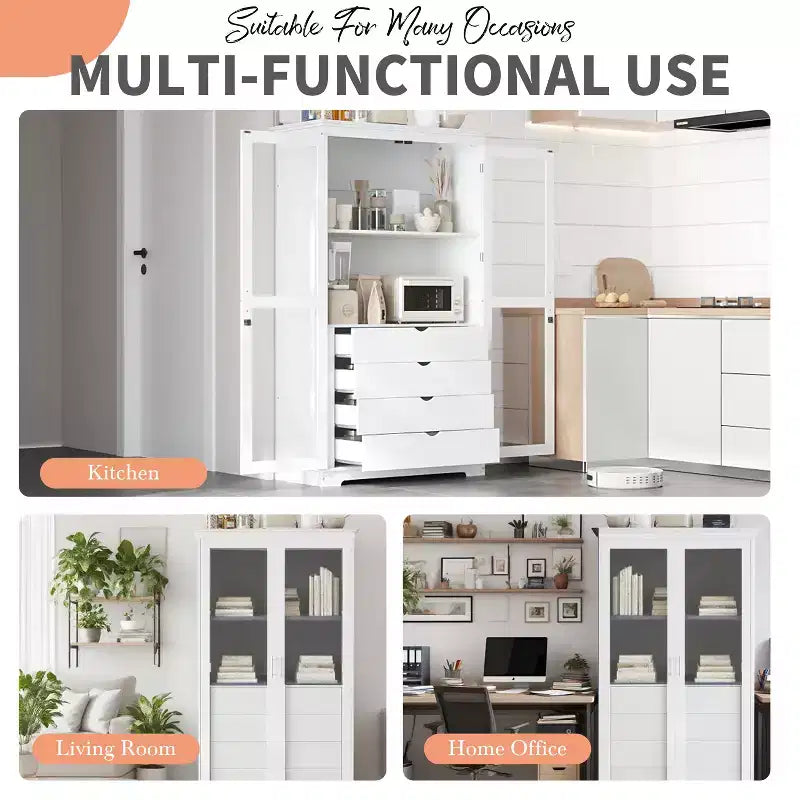 Meuble de cuisine moderne avec 2 portes vitrées, 4 tiroirs intégrés et une étagère.