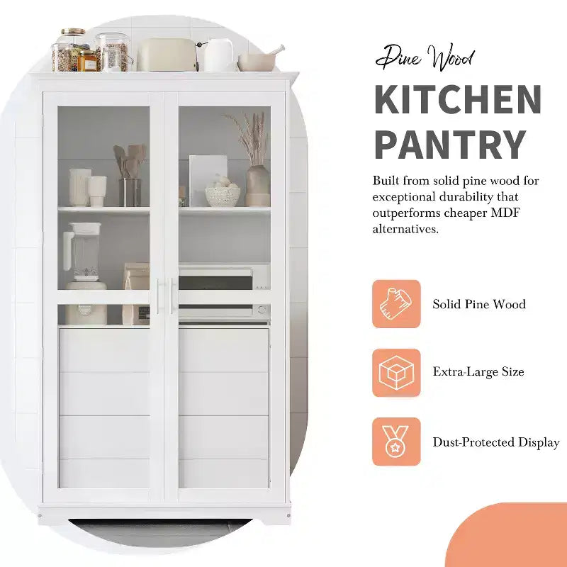 Meuble de cuisine moderne avec 2 portes vitrées, 4 tiroirs intégrés et une étagère.