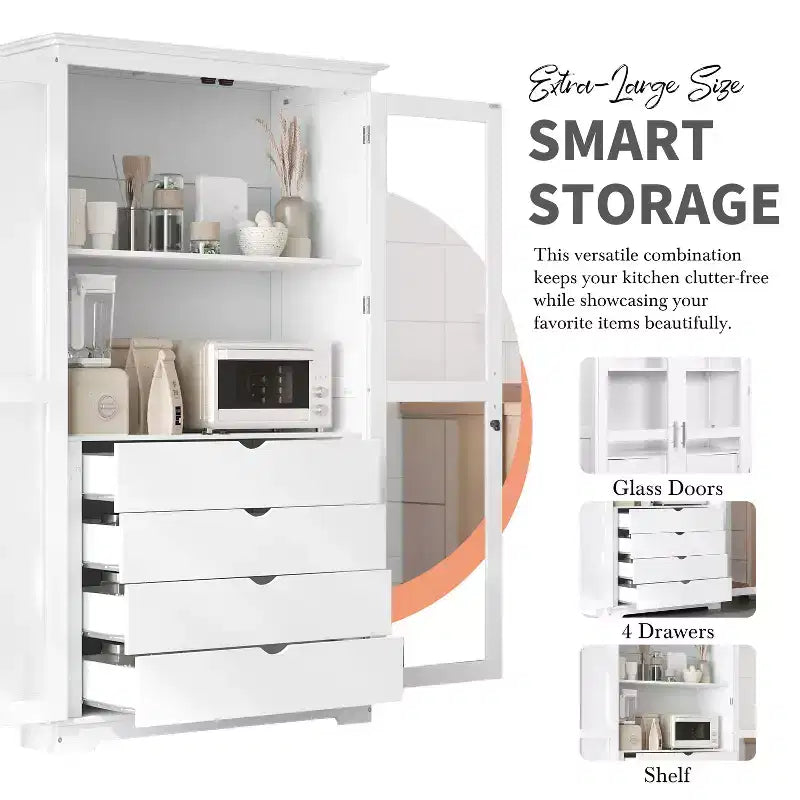 Meuble de cuisine moderne avec 2 portes vitrées, 4 tiroirs intégrés et une étagère.