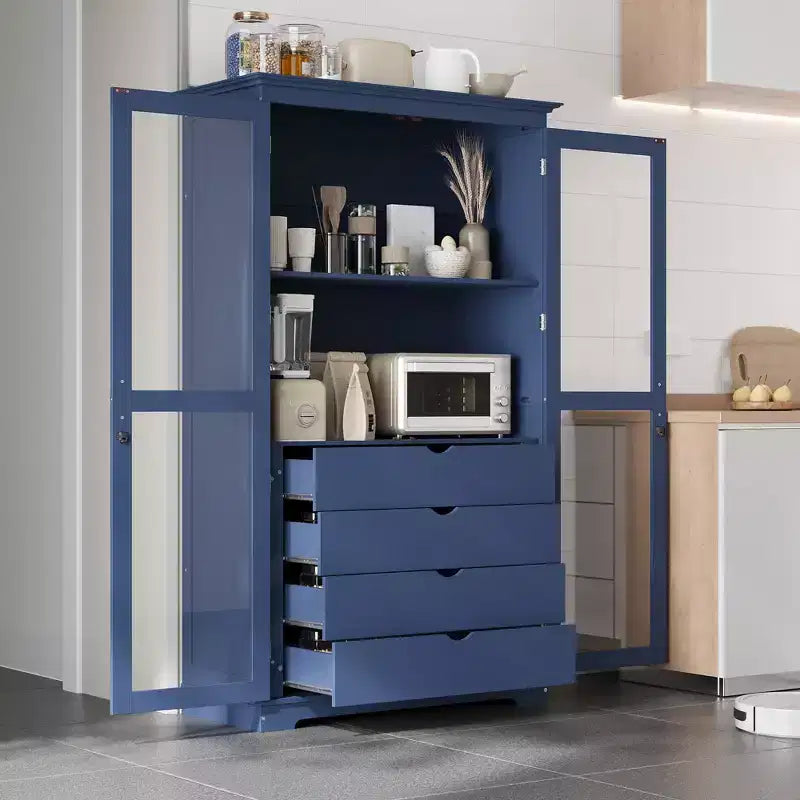 Meuble de cuisine moderne avec 2 portes vitrées, 4 tiroirs intégrés et une étagère.