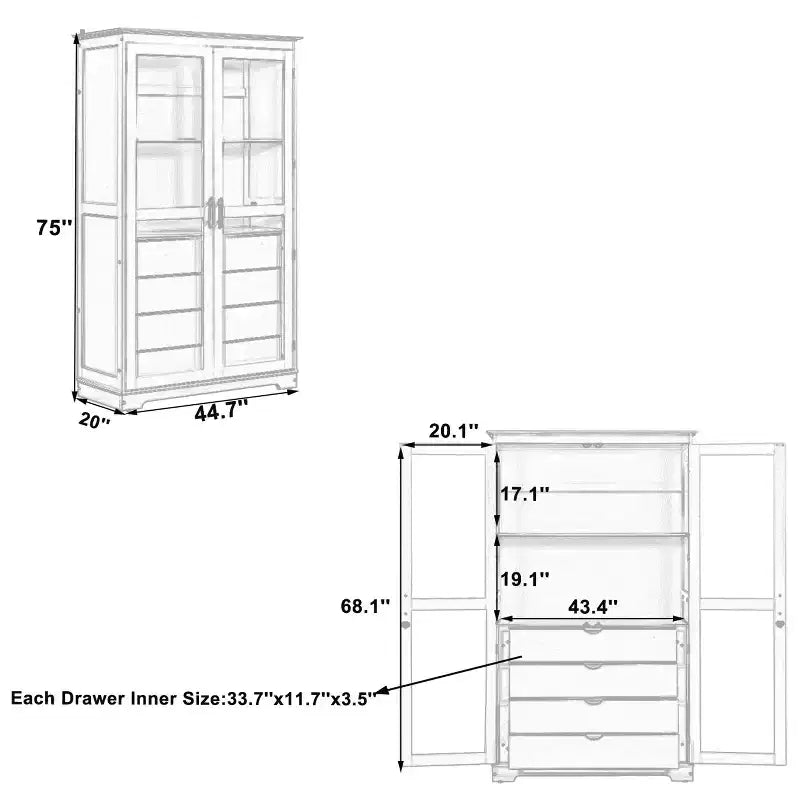 Meuble de cuisine moderne avec 2 portes vitrées, 4 tiroirs intégrés et une étagère.