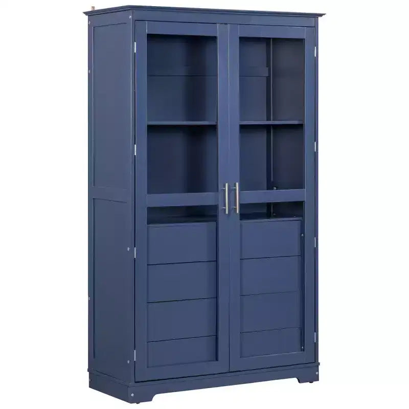 Meuble de cuisine moderne avec 2 portes vitrées, 4 tiroirs intégrés et une étagère.