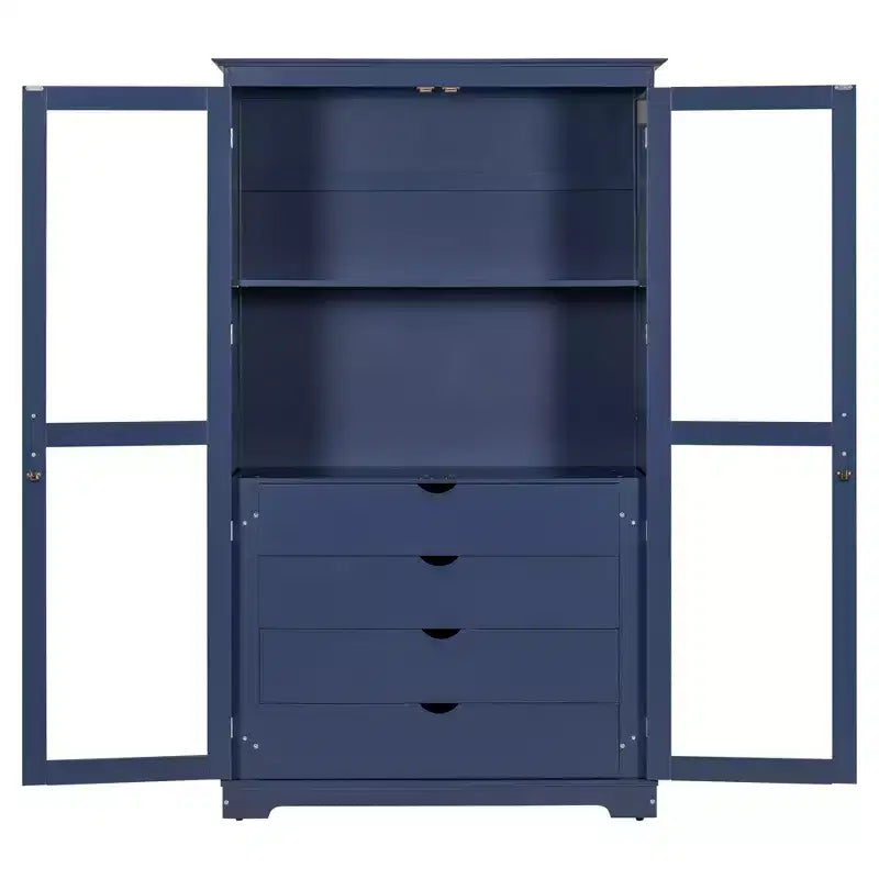 Meuble de cuisine moderne avec 2 portes vitrées, 4 tiroirs intégrés et une étagère.