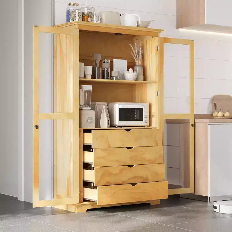 Meuble de cuisine moderne avec 2 portes vitrées, 4 tiroirs intégrés et une étagère.