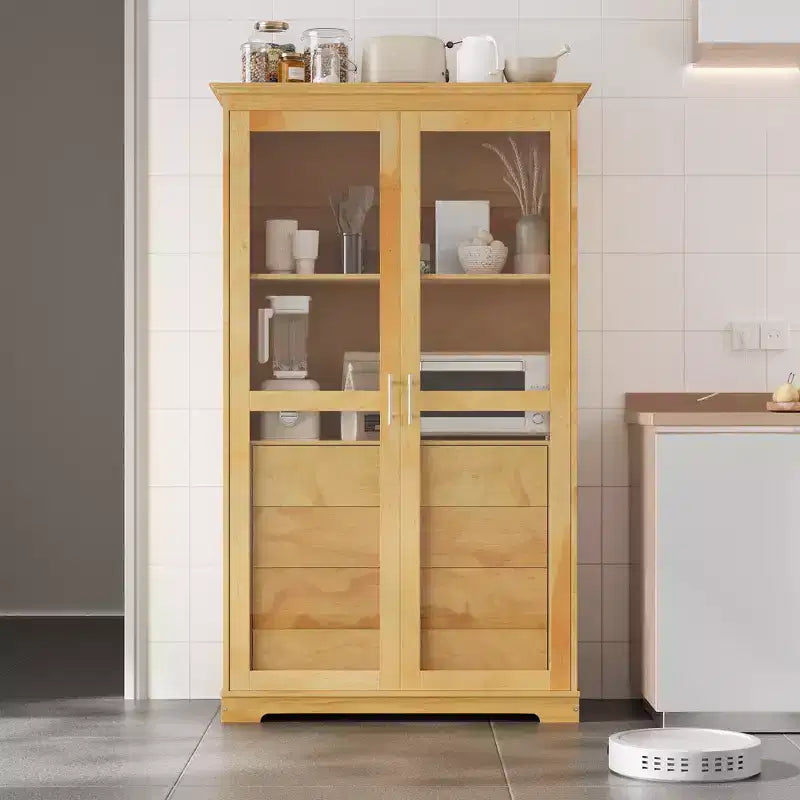 Meuble de cuisine moderne avec 2 portes vitrées, 4 tiroirs intégrés et une étagère.