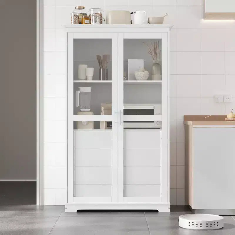 Meuble de cuisine moderne avec 2 portes vitrées, 4 tiroirs intégrés et une étagère.