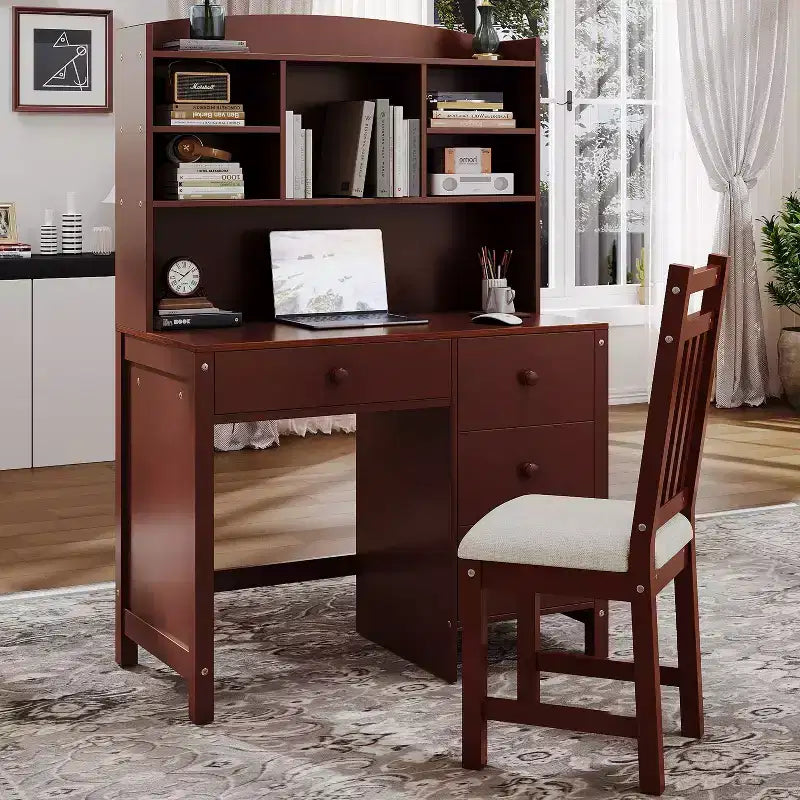Okak Modern Home Office Wooden Computer Desk with Desktop/Chair & Bookshelf Teens Student Storage Writing Desk for Study Office