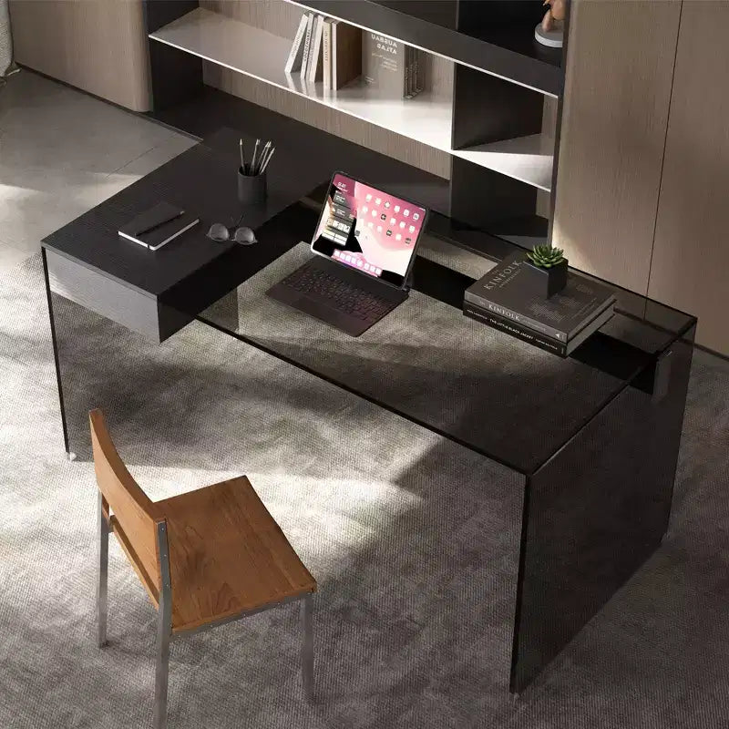 Gaoyangjiaju 53.14 Modern Computer Desk with 3C Tempered Glass Top and Dual-Zone Storage Sleek Black Minimalist Writing Desk for Home Office