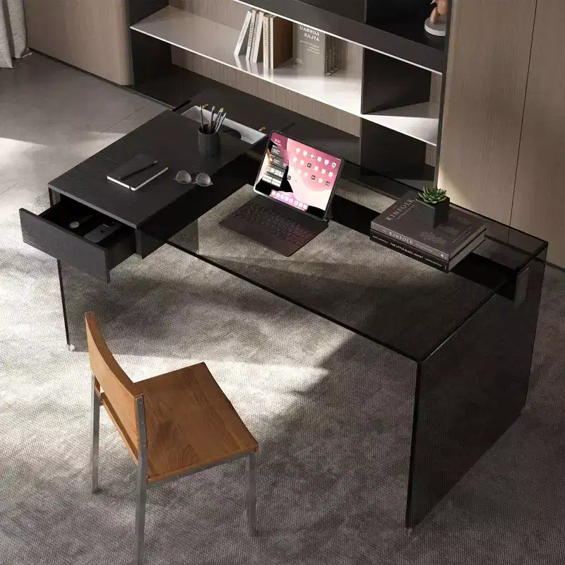 Bureau d'ordinateur moderne avec plateau en verre trempé et rangement à deux zones