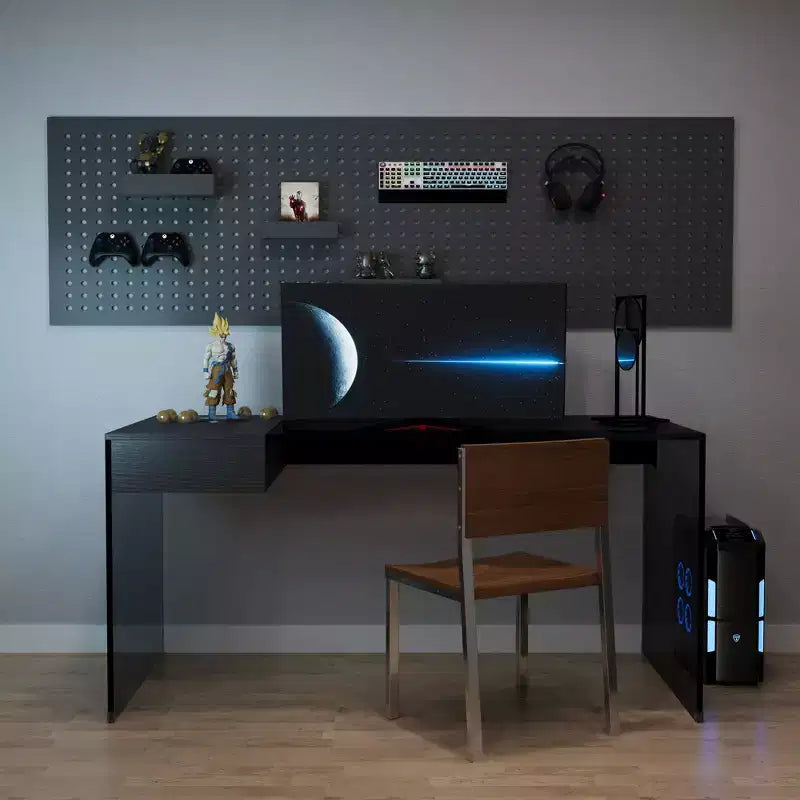 Bureau d'ordinateur moderne avec plateau en verre trempé et rangement à deux zones