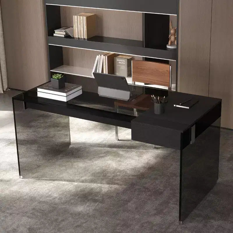 Bureau d'ordinateur moderne avec plateau en verre trempé et rangement à deux zones