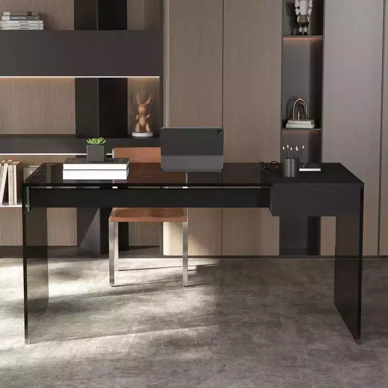 Bureau d'ordinateur moderne avec plateau en verre trempé et rangement à deux zones