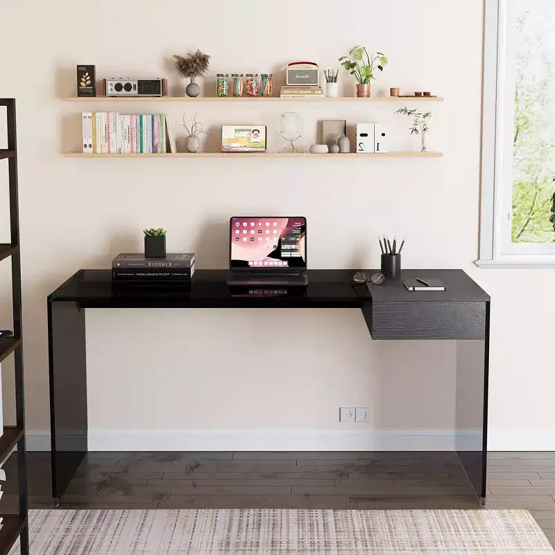Bureau d'ordinateur moderne avec plateau en verre trempé et rangement à deux zones