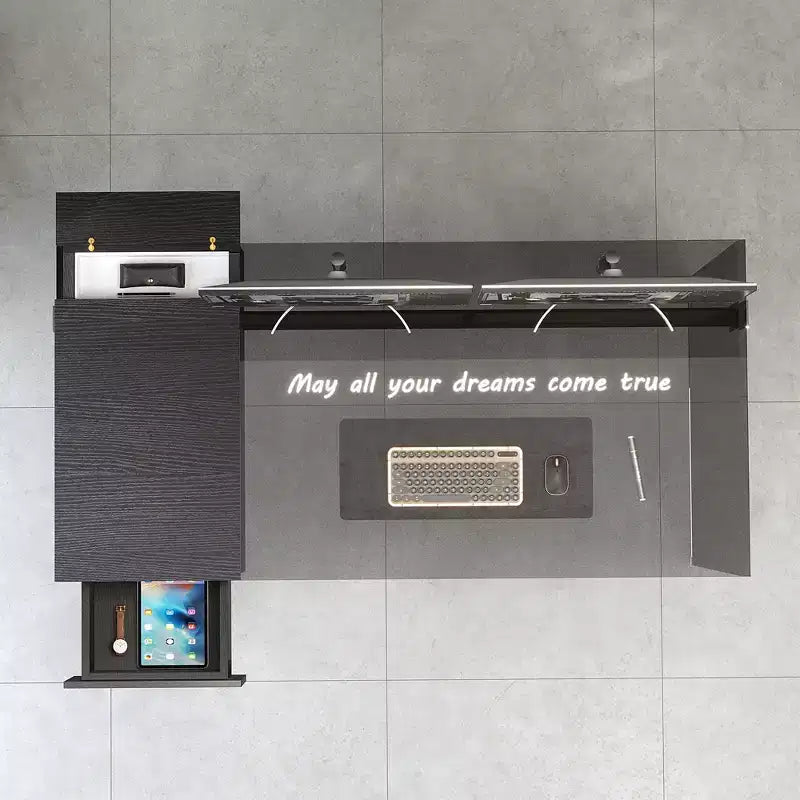 Bureau d'ordinateur moderne avec plateau en verre trempé et rangement à deux zones