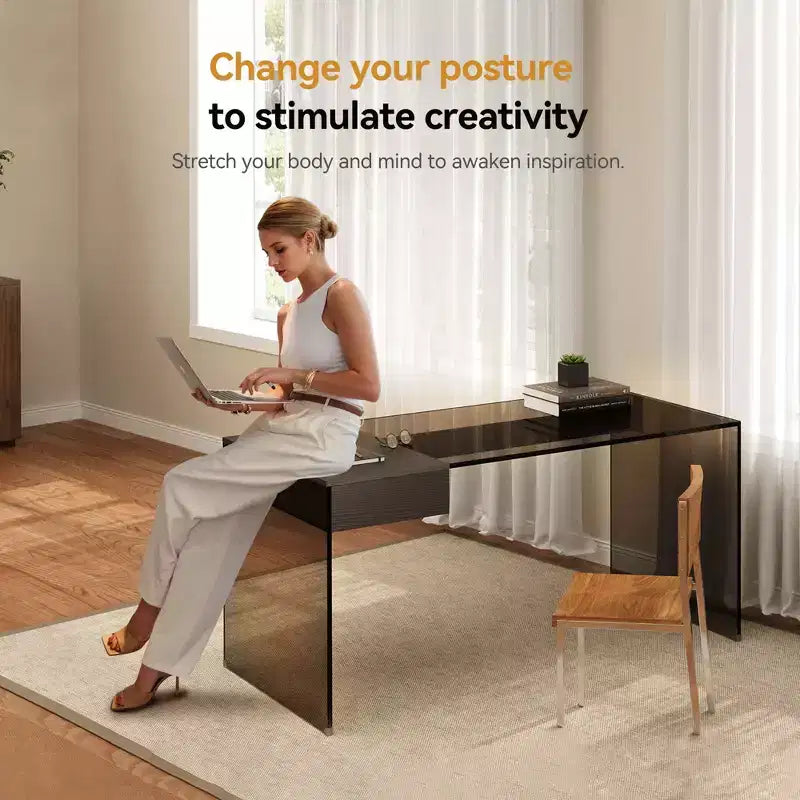 Bureau d'ordinateur moderne avec plateau en verre trempé et rangement à deux zones
