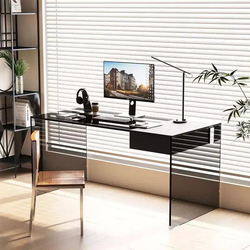 Bureau d'ordinateur moderne avec plateau en verre trempé et rangement à deux zones