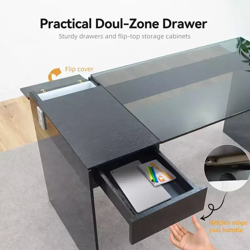 Bureau d'ordinateur moderne avec plateau en verre trempé et rangement à deux zones