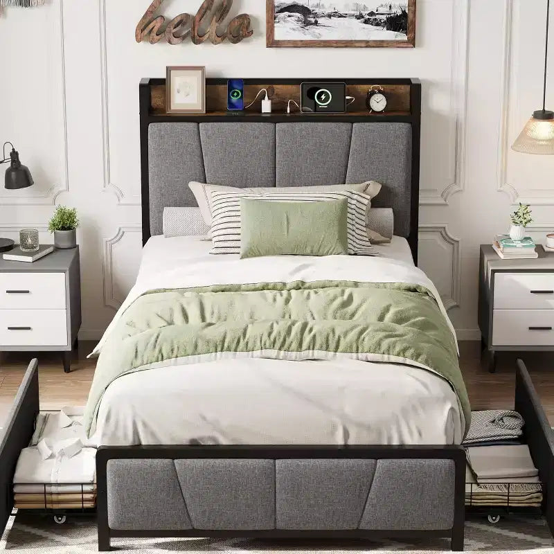 King Size Bed Frame Storage Headboard with Charging Station Solid and Stable Noise Free No Box Spring Needed Easy Assembly