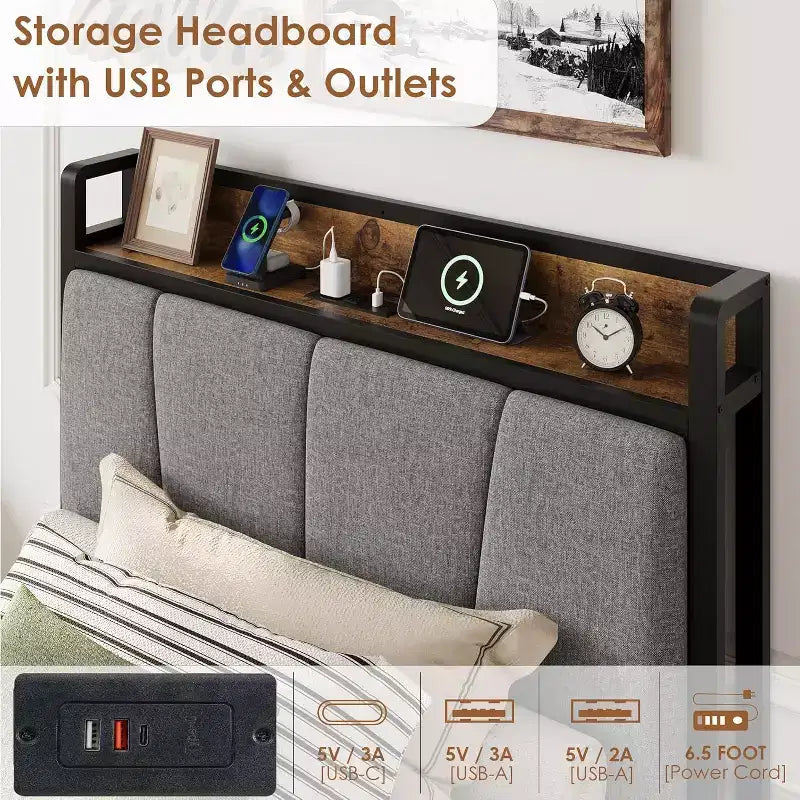 Cadre de Lit avec Tête de Lit Rangement et Station de Recharge Solide et Stable