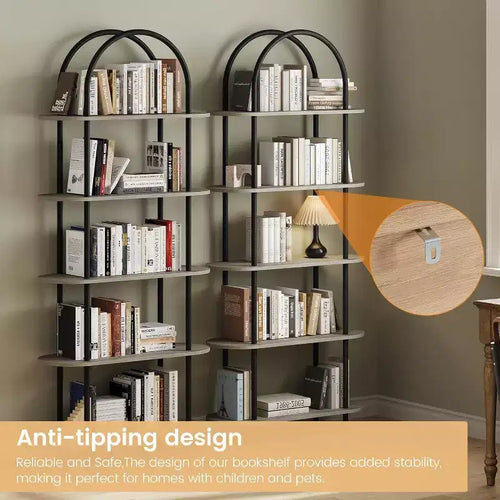 Acekool 5-Tier Arched Bookshelf Set of 2 Metal Frame Open Storage Display Anti-Tip Graphite Gray