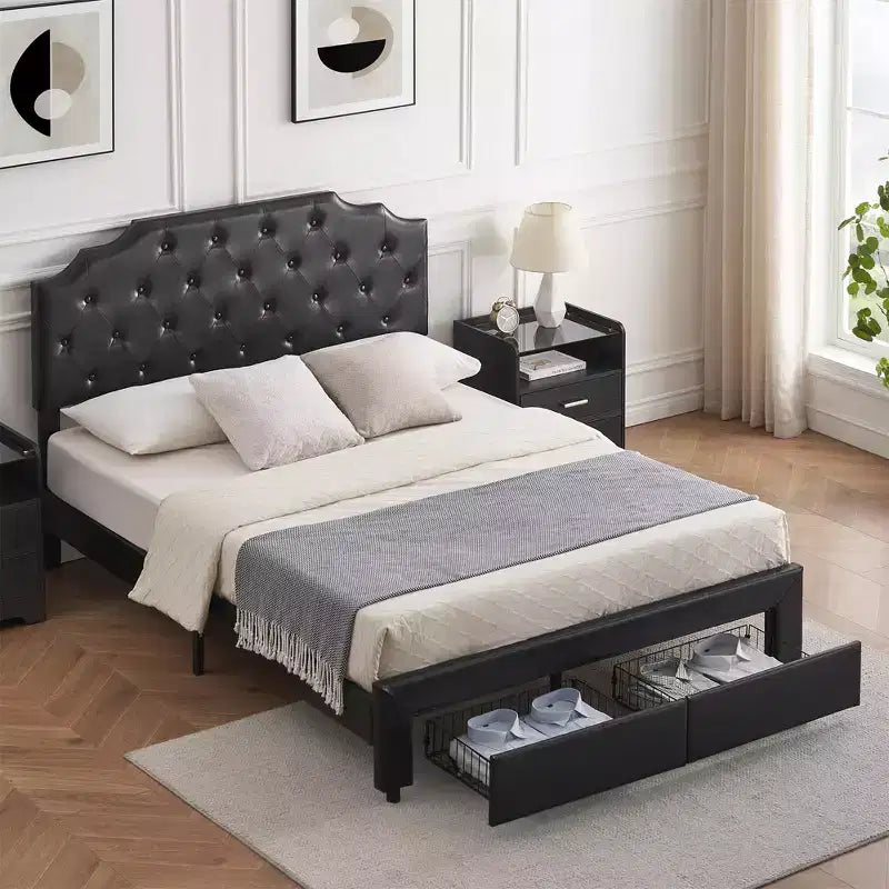 Lit Plateforme avec Cadre, 2 Tiroirs de Rangement et Tête de Lit Rembourrée en Cuir PU