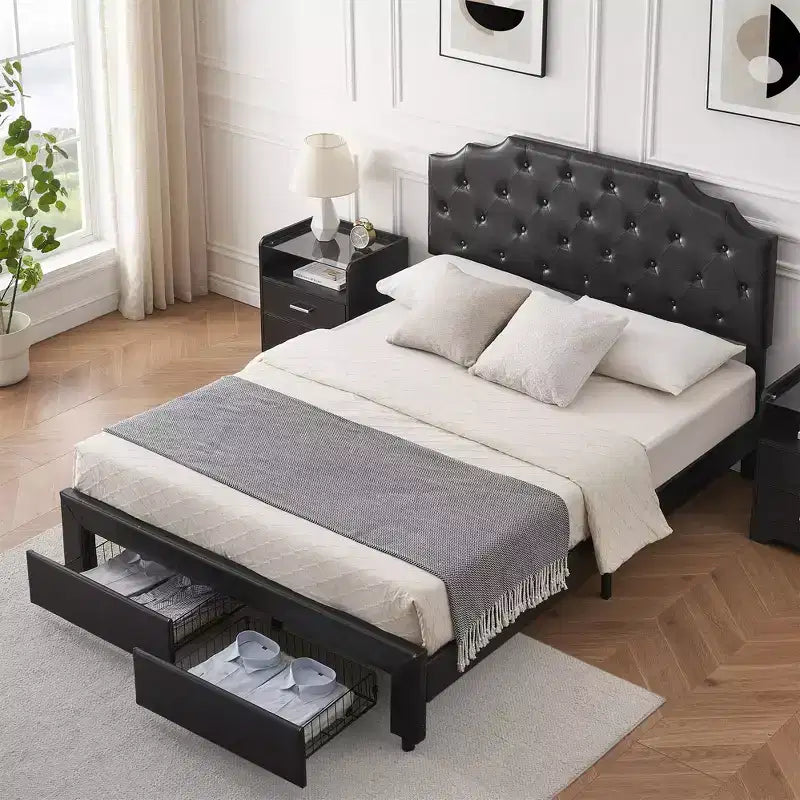 Lit Plateforme avec Cadre, 2 Tiroirs de Rangement et Tête de Lit Rembourrée en Cuir PU
