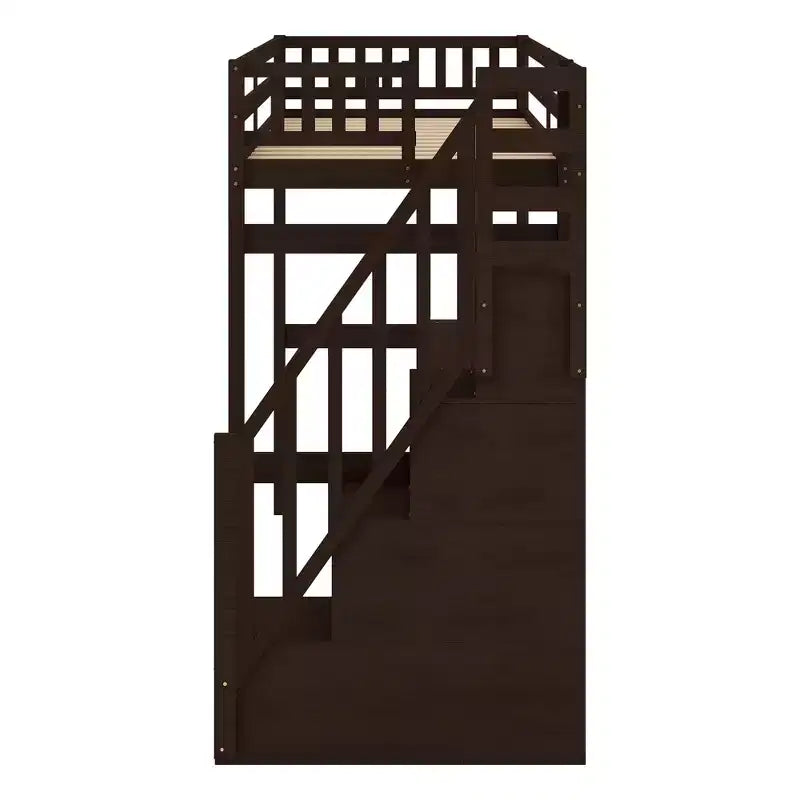Lit mezzanine avec escalier de rangement et bureau intégré, cadre de lit surélevé.