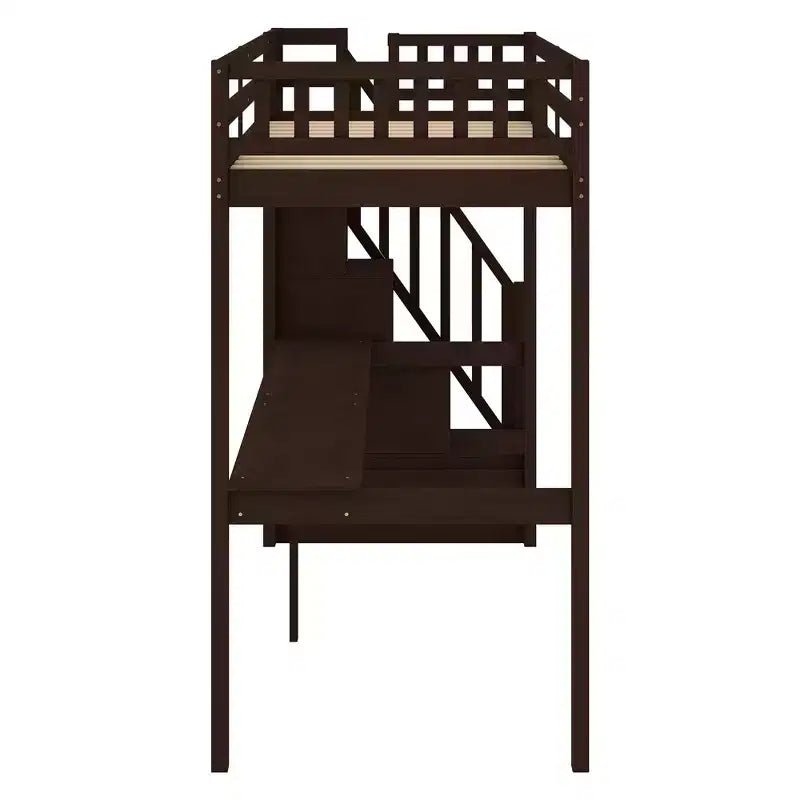 Lit mezzanine avec escalier de rangement et bureau intégré, cadre de lit surélevé.