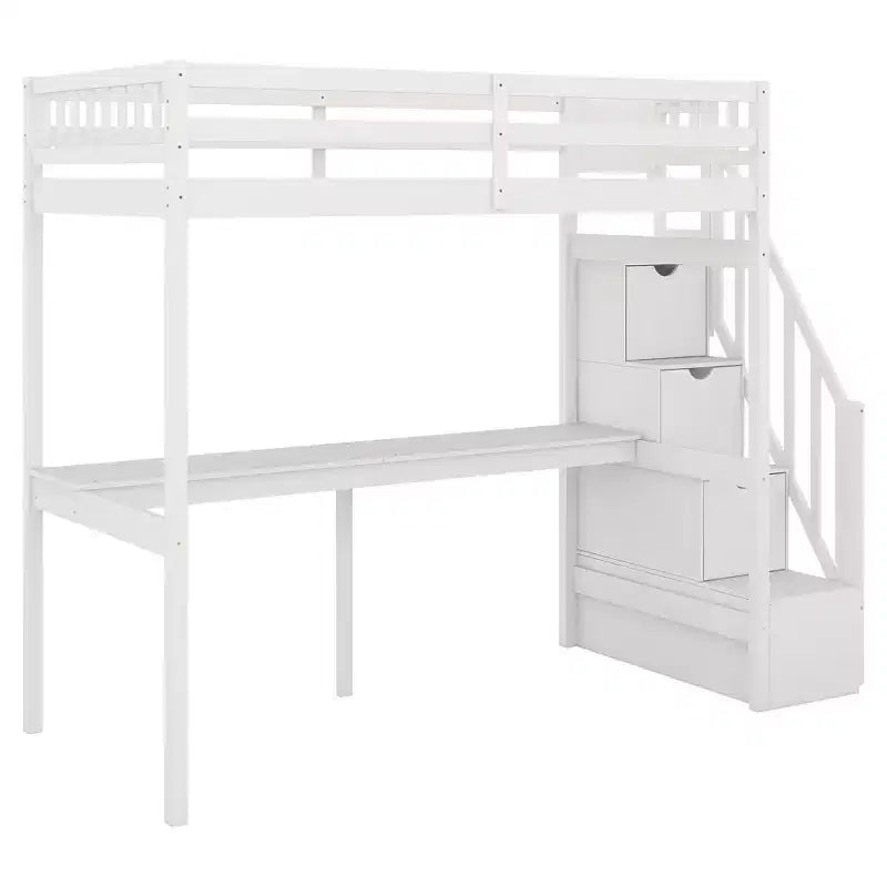Lit mezzanine avec escalier de rangement et bureau intégré, cadre de lit surélevé.