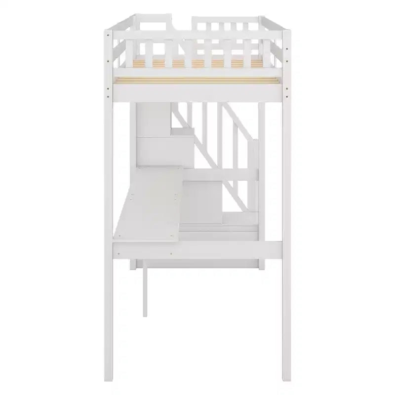 Lit mezzanine avec escalier de rangement et bureau intégré, cadre de lit surélevé.
